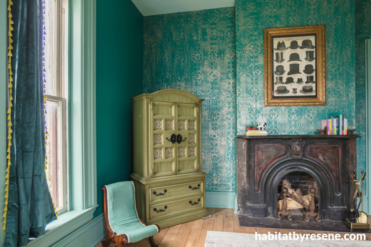 Living area, living area featuring statement wallpaper, living area featuring vintage-inspired wallpaper