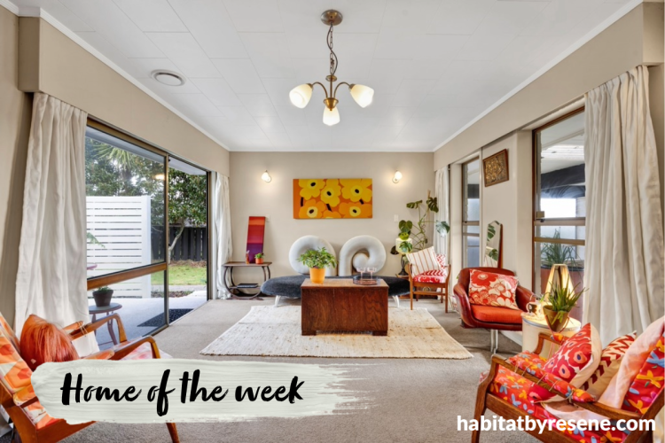 Mid-century home living area with walls painted in Resene Half Tea and ceiling painted in Resene White.