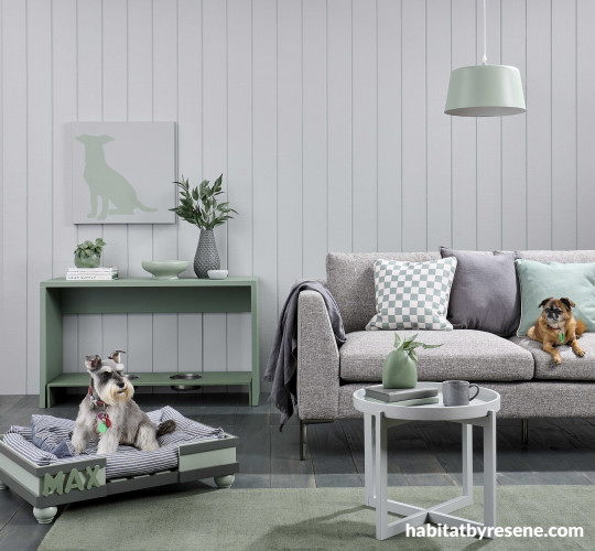 Living area, neutral living area, white and green living area, neutral and green living area