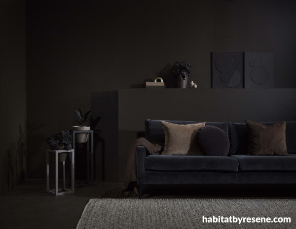 In this moody living space, the walls are painted in Resene Monkey, floor in Resene Space Shuttle, tiny vases in Resene Americano and Resene Double Felix, plant stands in Resene Kilamanjaro (tall) with pot in Resene Kabul and Resene Americano (short) with pot in Resene Space Shuttle, DIY artwork in Resene Kilamanjaro, tall plant pot in Resene Felix and magazine holder in Resene Americano. Sofa from Contempa, brown velvet cushion cover and throw from H&amp;amp;amp;amp;amp;amp;amp;amp;amp;amp;amp;amp;amp;amp;amp;amp;amp;amp;amp;amp;M Home, rug from Freedom, round cushion from Country Road. Project by Vanessa Nouwens, image by Bryce Carleton.  