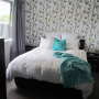 bedroom style, bedroom decor, wallpaper, retro, grey, feature wall
