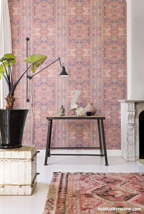 wallpaper, pink, turkish rug, interior trends, feature wall