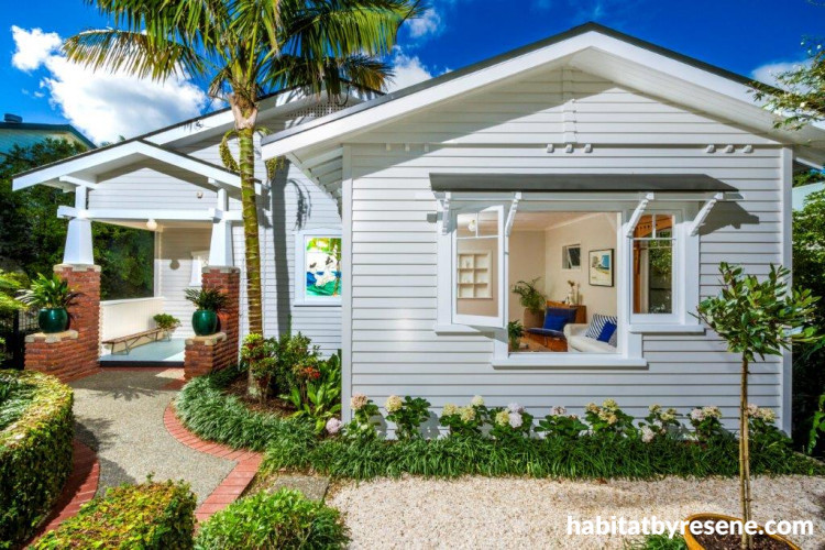 bungalow, exterior, white paint, garden, house entrance, warm white