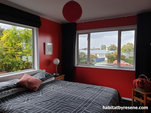 bedroom, red bedroom, master bedroom, red interior, red feature wall, bright bedroom