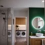 bathroom, green bathroom, bathroom lighting, laundry lighting, white laundry, lighting ideas