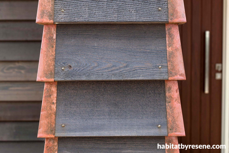 Copper, stained timber