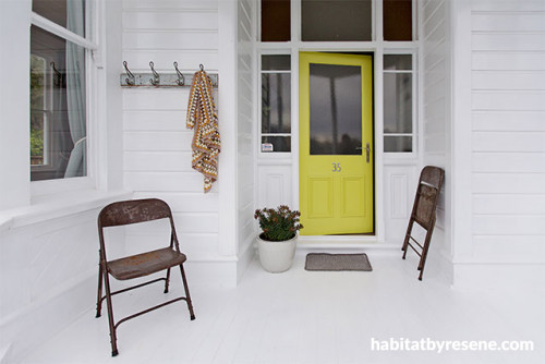 house exterior, exterior inspiration, green front door, colourful front door, white porch, porch, 