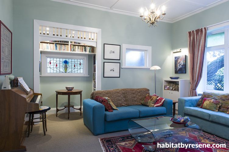 villa, living area, lounge, living room, green lounge, green living room, pastel green paint