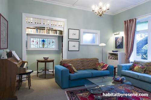 villa, living area, lounge, living room, green lounge, green living room, pastel green paint 