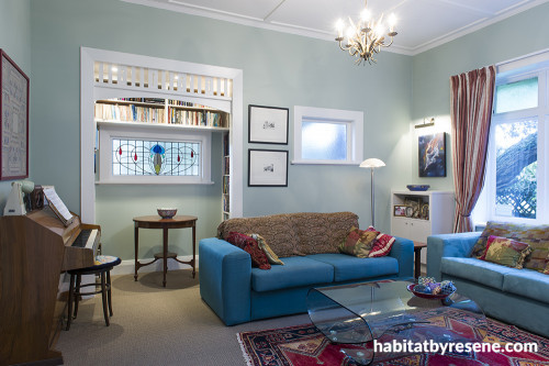 villa, living area, lounge, living room, green lounge, green living room, pastel green paint