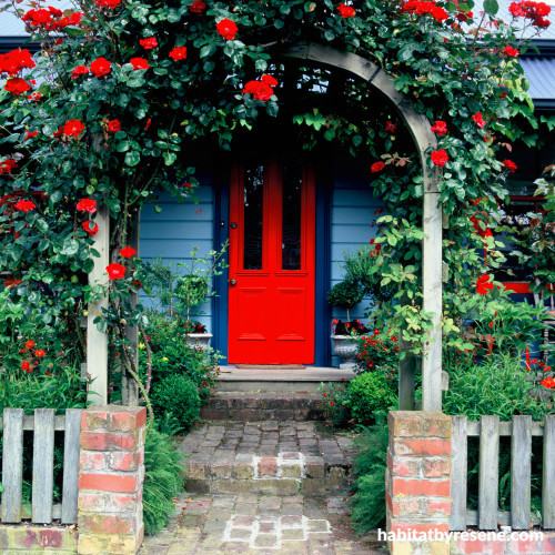 red door, front door, painted exterior, archway entrance, blue paint, read paint, exterior entrance