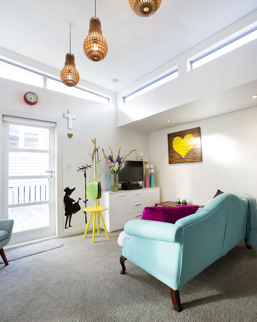 small home, white interior, white paint, living room, lounge, blue couch, high windows