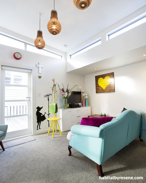 small home, white interior, white paint, living room, lounge, blue couch, high windows