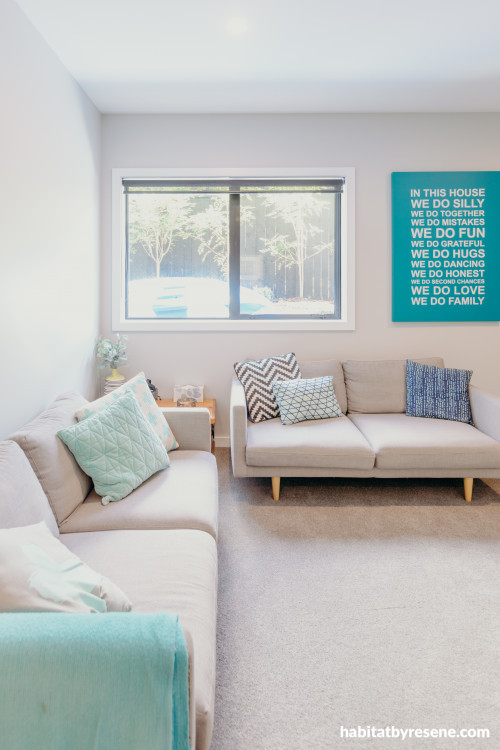 neutral living room, neutral and blue, pop of blue in living room, Resene