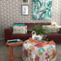 resene wallpaper, living room, family room, lounge, orange furniture, beach house