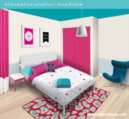 kids bedroom, children's bedroom, interior, pink, turquoise paint, modern, timber floor