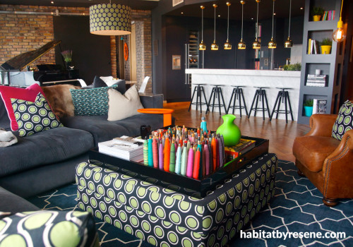 apartment, living room, lounge, dark grey paint, lights, interior, grey decor