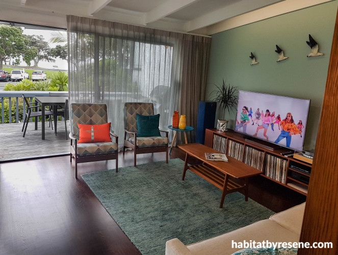 blue living room, blue, living room, modern, beach house, mid century
