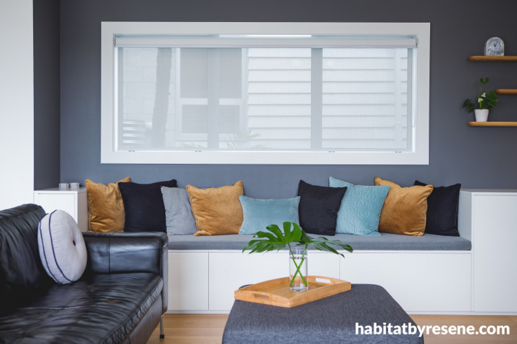 living room, lounge, grey living area, window seat, grey feature wall, Resene alabaster, dark grey