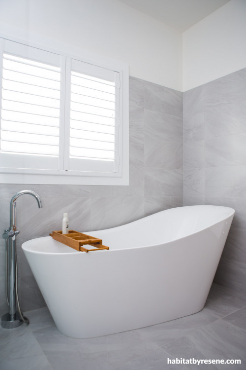 bathroom, grey bathroom, white bathroom, grey bathroom tiles, freestanding bath, resene alabaster