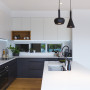 kitchen, black and white kitchen, monochrome kitchen, resene alabaster, black cabinetry