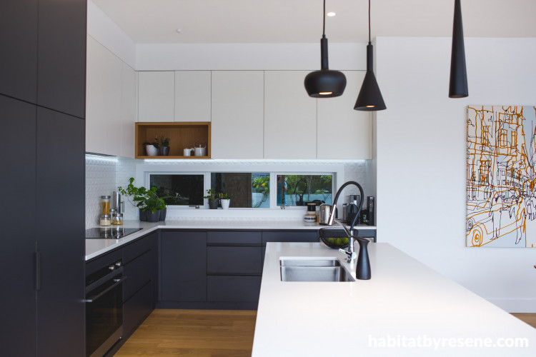 kitchen, black and white kitchen, monochrome kitchen, resene alabaster, black cabinetry