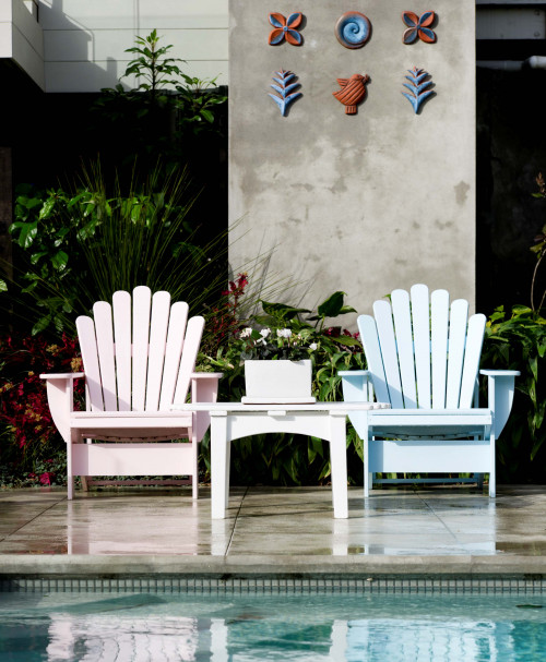painted furniture, upcycled furniture, pool area, pink chair, blue chair, painted pool chairs