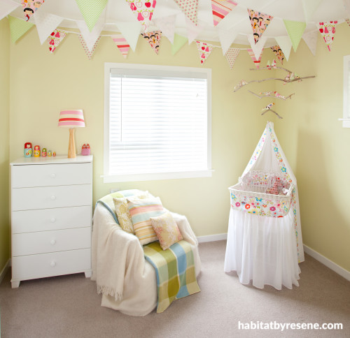 yellow nursery, green nursery, bunting, baby's room, children's bedroom