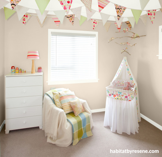 nursery, baby's room, neutral nursery, neutral paints, bunting, children's bedroom