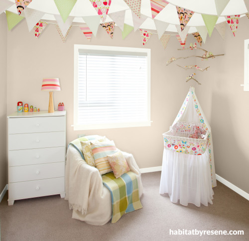 nursery, baby's room, neutral nursery, neutral paints, bunting, children's bedroom 