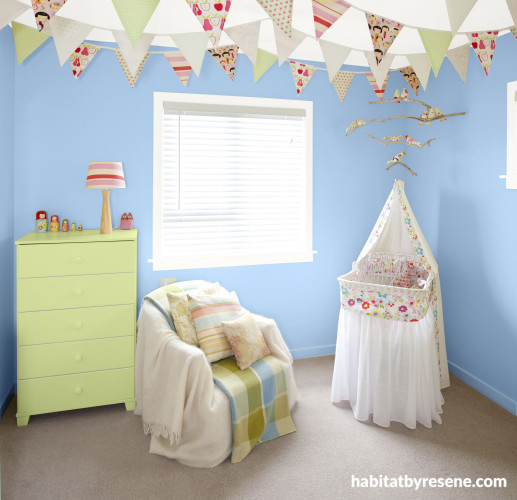 nursery, blue nursery, blue and green nursery, bunting, blue baby's room, children's room