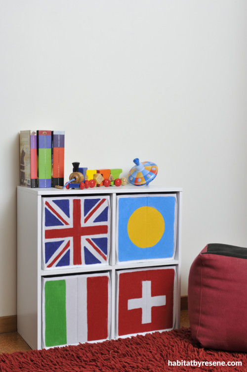 Storage cubes, kids, children, DIY, paint, Resene testpots, flags, painted boxes 