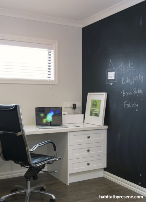 study, black and white, blackboard paint, interior, noticeboard, desk