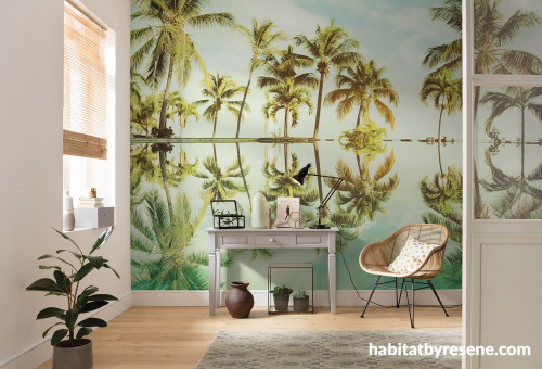 wallpaper inspiration, wallpaper ideas, beachy interior, beach inspired, wallpaper feature, resene