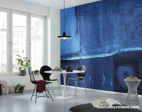 blue wallpaper, feature wallpaper, blue dining room, blue feature wall, dining room