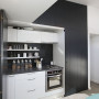 small home, black and white kitchen, black doors, black and white paint