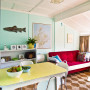 retro bach, holiday home, dining room, turquoise living room, retro dining table 