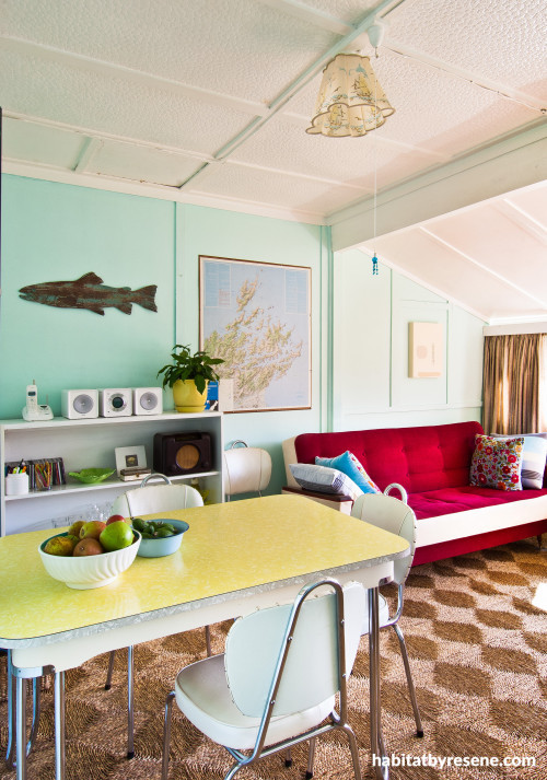 retro bach, holiday home, dining room, turquoise living room, retro dining table