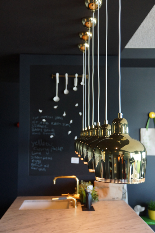 apartment, dark grey paint, interior, kitchen, blackboard paint, hanging lights
