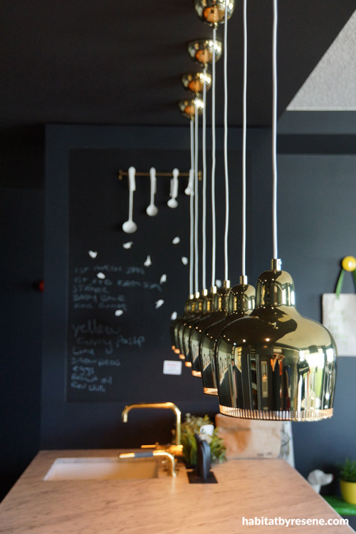 apartment, dark grey paint, interior, kitchen, blackboard paint, hanging lights 