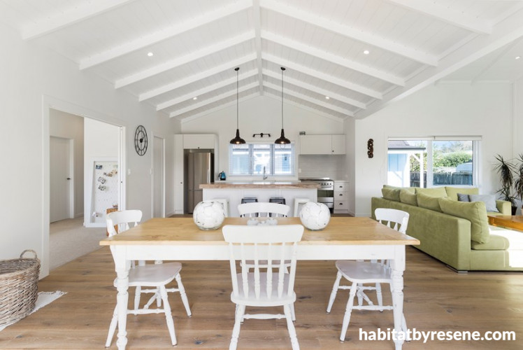 dining room, white dining room, resene white pointer, white interior, white living area, open plan