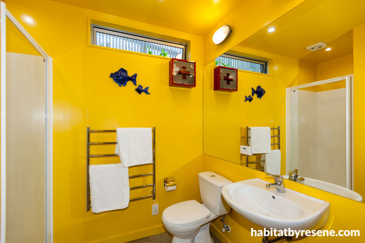 yellow bathroom, painted bathroom, bright bathroom, renovated villa, yellow paint