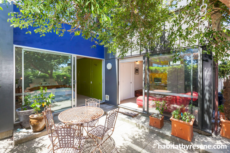 courtyard, renovated villa, living room, bedroom, green wardrobe, indoor outdoor flow