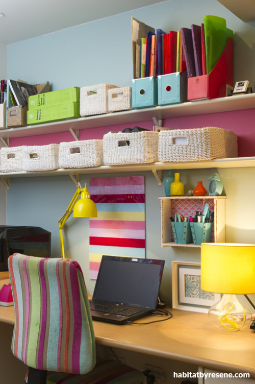 interior, study, blue and pink paint, stripes, colourful study