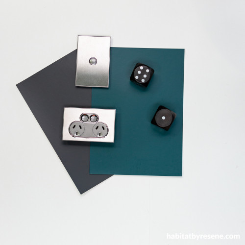 interior lighting ideas, sliver light switch, resene porter, resene fast forward, black and blue