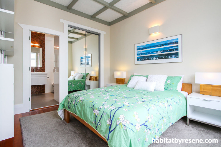 bedroom, white, neutrals, green