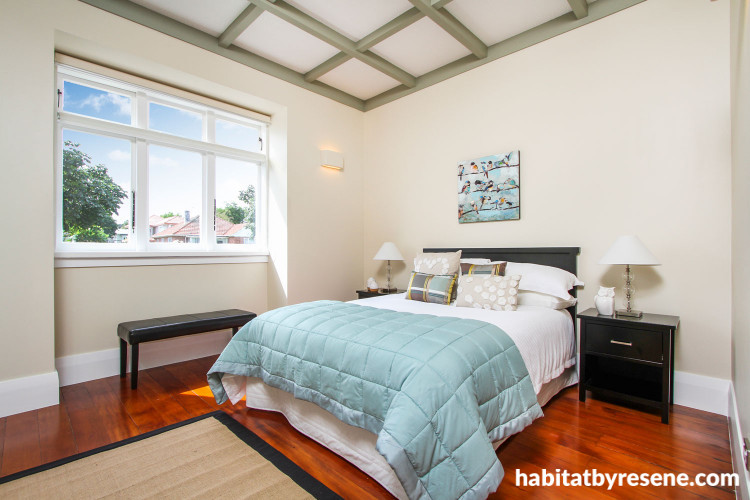 bedroom, white, green, neutrals