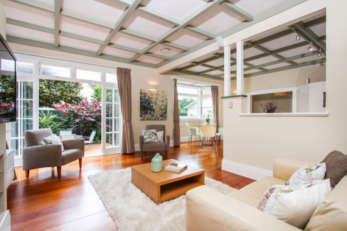 1920s bungalow, interior, living room, lounge, white paint, ceiling, indoor outdoor flow