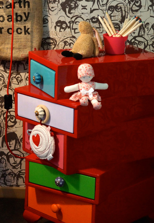 furniture, red paint, drawers, kids bedroom, children, gloss finish, interior, painted cabinetry