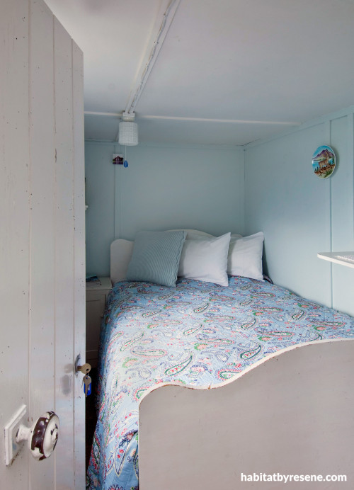blue bedroom, blue and white paint, retro bach, holiday home